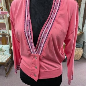 Metro Pink V-Neck Sweater with Patterned Trim